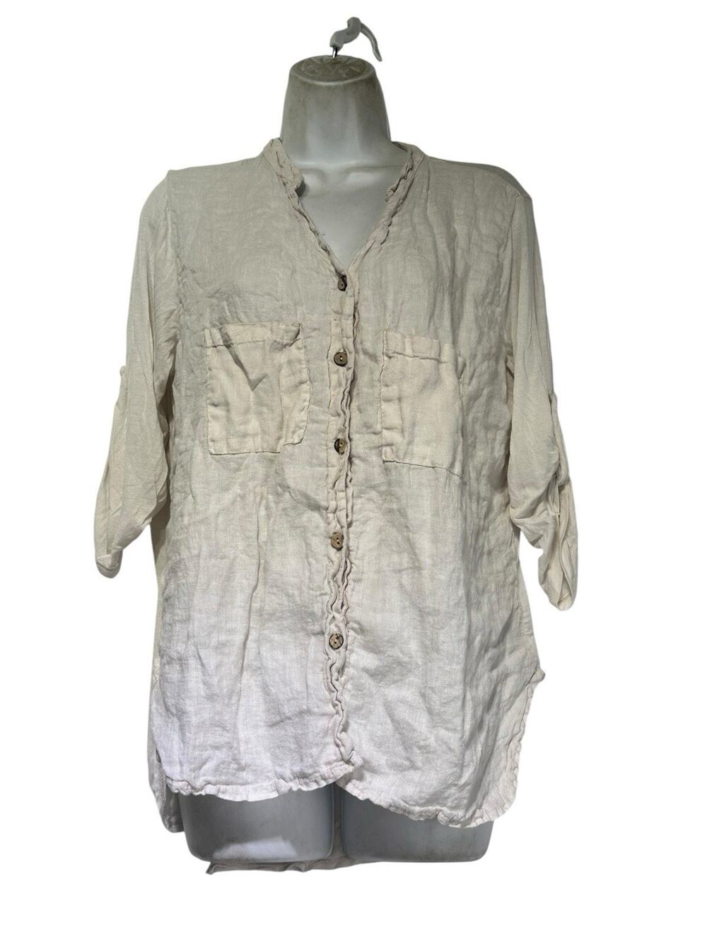 venti 6 white linen button up roll tab sleeve blouse size S